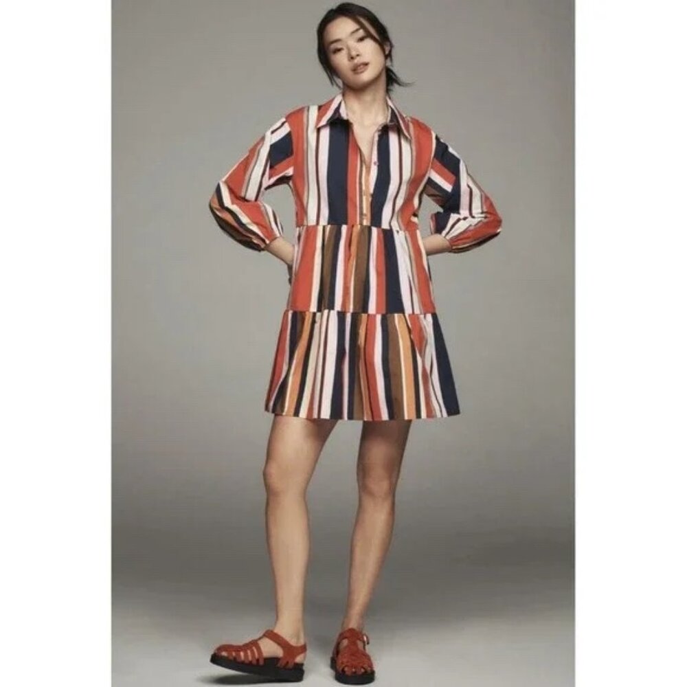Anthropologie Maeve Bettina Tiered Mini Shirt Dress, Size M, Red, NWT